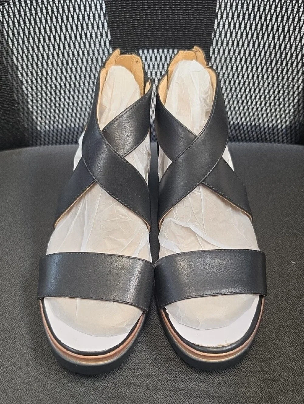Naturalizer Black Leather Crisscross Wedge Sandals